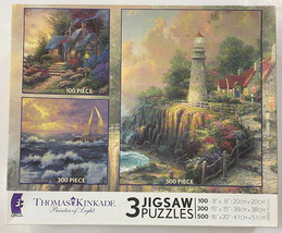 Thomas KInkade 3 Puzzles 900 Total Pieces - NEW / SEALED - Lighthouse Oc... - £16.45 GBP