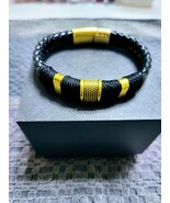 Leather Woven Bracelet With Golden Yellow Tone Accents For Men - $31.42