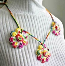 Fabulous Vintage Mod Colorful Lucite Flowers &amp; Cord Necklace 24&quot; - £15.94 GBP