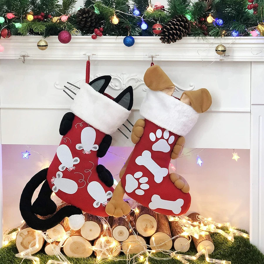 18.5 Inch Cat Dog Christmas Stocking 3D Pet Holder Kitty Ornament Gift Bags for - £15.57 GBP