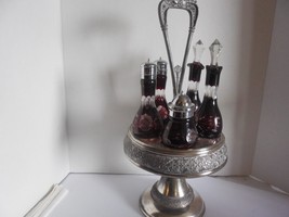 Antique Ruby Red-cut-to-Glass Condiment Set in Silverplate Caddy - $346.00