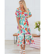 Rose Red Floral Knot Puff Sleeve V Neck Buttoned Front Split Lace Maxi D... - $43.83