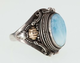Gorgeous Two-tone Sterling Silver Larimar Cabochon Pill Ring Size 8.25 - £73.53 GBP