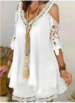 Women&#39;s Dress Sz L Party Summer White Cold Shoulder Lace Crochet Short Sleeve - £17.20 GBP