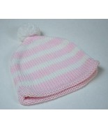 BABY GIRL 3M 6M PINK WHITE STRIPE POM POM HAT KNIT BEANIE 3-6M KNITTED C... - $4.74