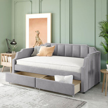 Twin Size Upholstered daybed with Drawers, Wood Slat Support, Gray - $409.81