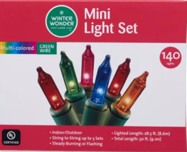 140 Multi Mini Christmas Lights, Green Wire, 30' Total Length - $10.56