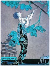 4394.Poster of Fashion dressed woman and bird.Nouveau teal garden.Decor ... - $17.10+