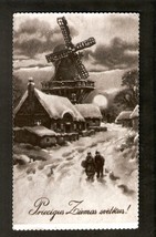 Old Photo of Postcard Christmas Greetings Winter Mill People Village Lan... - $6.17