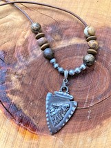 Antique Silver Wolf Head Arrowhead Pendant With Bronzite/Picture Jasper Beads - £19.98 GBP