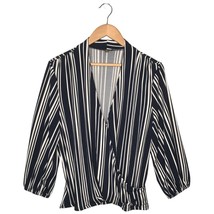 Adrianna Papell Faux Wrap Striped V Neck Career Blouse Blue L - $25.73