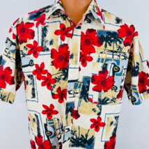 Natural Issue Hawaiian Aloha Shirt L Palm Trees Hibiscus Flowers Woodie Wagon - £31.96 GBP