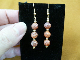 (EE395-7) 8mm Orange white Fire Agate gemstone 3 bead gold tone dangle earrings - £12.73 GBP
