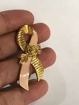 Vintage Avon Breast Cancer Pink Ribbon Pin Gold tone Swish with Pink 2" Tall - $16.00