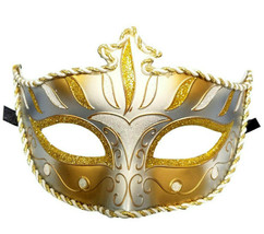Wedding White Gold Striped Prom Venetian Mardi Gras Masquerade Mask - £15.87 GBP
