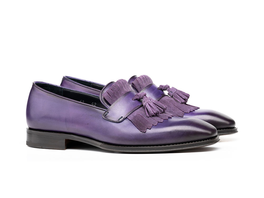 Purple Tassel Loafer Slip On Fringed Rounded Burnished derby Toe Genuine