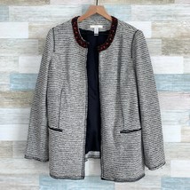Chicos Tweed Beaded Collar Jacket Gray White Striped Open Front Womens 2... - £54.57 GBP