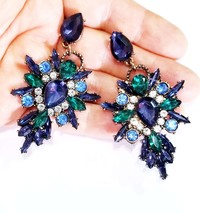 Rhinestone Drop Earrings, Green Blue Crystal Earrings, Bridal Prom Pageant Jewel - £28.65 GBP