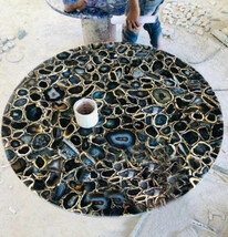 Round Coffee Table Natural Black Agate Stone Tables Christmas Gifts for Him - $328.18+