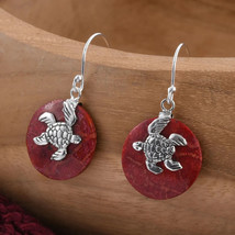 Drop Earrings; Natural Deep Red Sponge Coral Turtle in 925 Sterling Silver NEW - £15.26 GBP