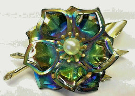 Large Vintage Iridescent Blue Enamel Flower Brooch Pin faux pearl center Rainbow - £15.81 GBP