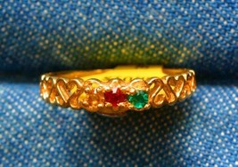 Elegant Heart Texture Band Multicolor Rhinestone Gold-tone Ring vintage size 5 - £10.35 GBP