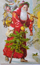 Santa Claus Christmas Postcard Full Figure Tree Toys Jester Doll Long Robe 1912 - £28.07 GBP