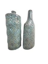 2 Pottery Vases Speckled Glaze Turquoise Gold 10 in, 10.5 in Asymmetrical - $17.82