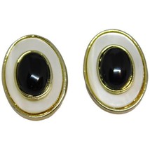 Vintage Black &amp; White Pierced Earrings 80&#39;s Black Glass Stone Cabochon Style - £8.71 GBP