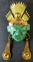 HUGE 1950s Handmade Copper Brass &amp; Carved Green Onyx FACE Brooch Pin PENDANT  - £158.24 GBP