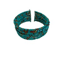 Southwestern Style Open Cuff Bracelet Seed Bead Faux Turquoise Brown Gold Tone - £13.37 GBP