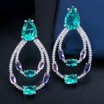 Designer Double Circle Drop Light Blue Cubic Zirconia Crystal Dangle Earrings Tr - £17.63 GBP