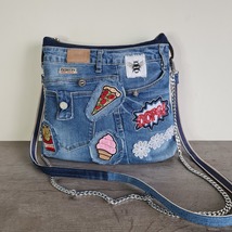 Denim jeans bag for girl medium size, shoulder Denim bag with appliqués decor  - £52.92 GBP