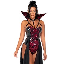 Vampire Costume Pointed Vinyl Lace Bodysuit High Collar Belted Draped Sk... - $118.99