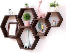 Wonfulity Hexagon Floating Shelves Set Of 5，Wall Mounted Wood Farmhouse Storage - £38.36 GBP