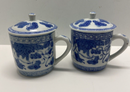 Blue and White Covered Porcelain Tea Cups  Coffee Mug with Lids Set of 2 - $19.86