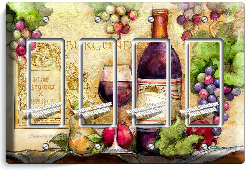 BURGUNDY RED WINE GLASS BOTTLE GRAPES 4 GFI LIGHT SWITCH PLATE KITCHEN ART DECOR