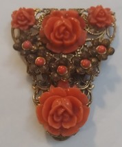 Coral Celluloid Roses Dress Clip Vintage - £26.94 GBP