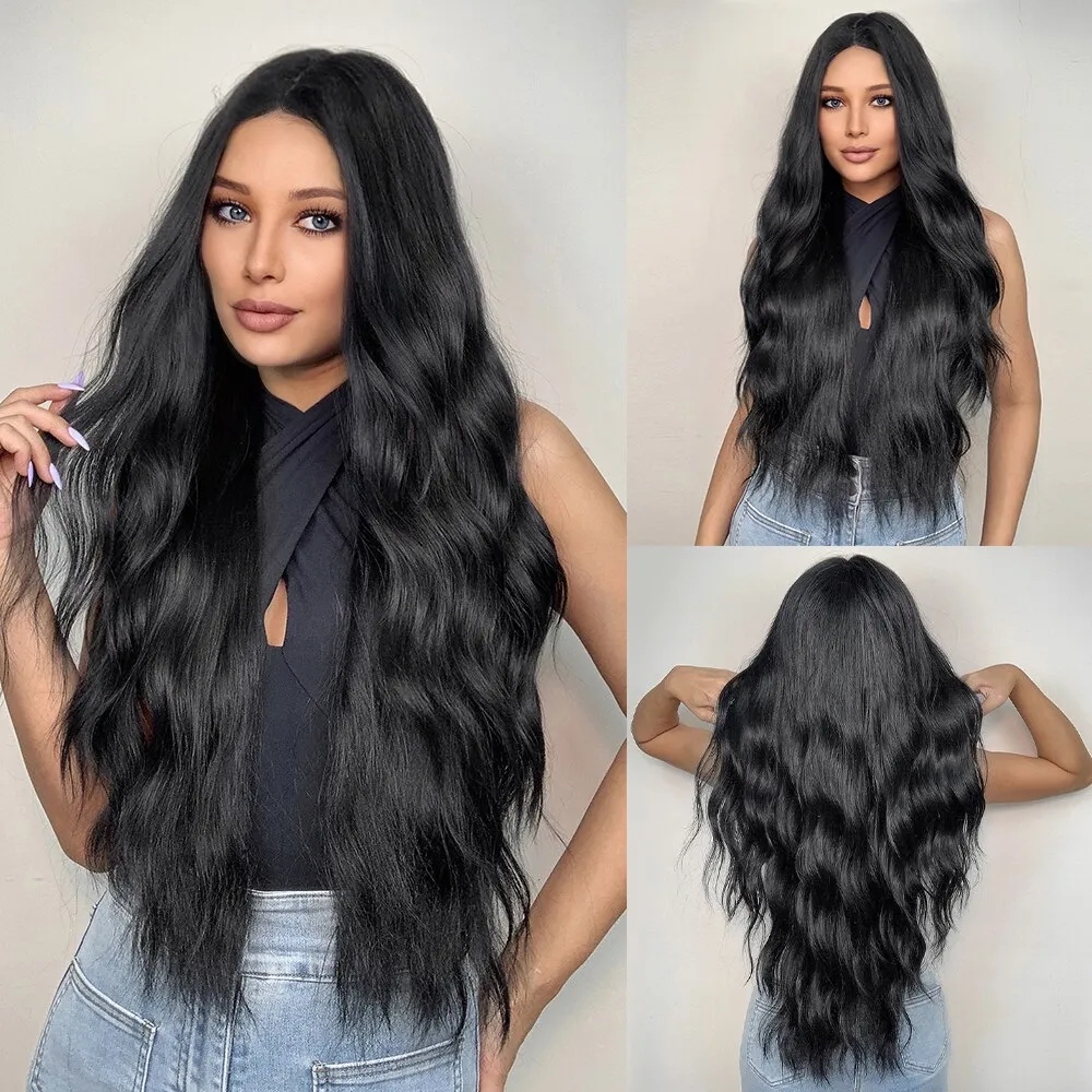 Black Wave Wigs for Women Long Natural Curly Wig Middle Part Synthetic Wig He - £10.94 GBP+
