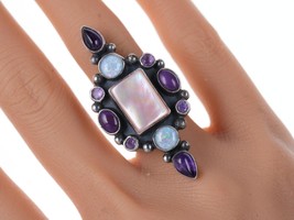 Adjustable Southwestern Sterling Amethyst, opal, and pink mother of pearl ring - £74.94 GBP