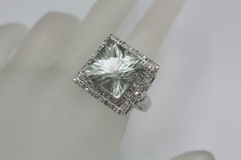Fine 10K White Gold Square Design 12.0ct Prasiolite (Green Amethyst) Ring Size 8 - £556.55 GBP