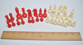 Vintage Plastic Chess Set Pieces Red and White with Felt Bottoms - $24.74