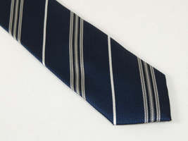 Mens Narrow Tie/Hankie Set Woven Vito Rofolo VTR-101 Navy White Stripe image 3