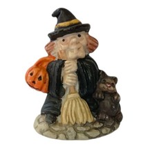 Halloween Ceramic Mini Witch Figure Diorama Black Cat Broom Pumpkin Vintage 80s - £8.02 GBP