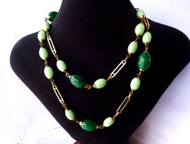 Vintage Guy Laroche Necklace Green Lucite Bead Long Gold tone Chain 1960&#39;s - $49.00