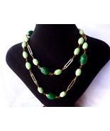 Vintage Guy Laroche Necklace Green Lucite Bead Long Gold tone Chain 1960&#39;s - £38.53 GBP