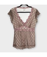 VINTAGE Y2K tan and cream v neck lace top with silver metallic size juni... - $35.00