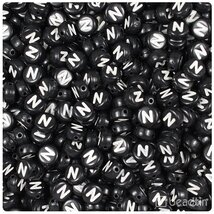 BeadTin Black Opaque 7mm Coin Plastic Alphabet Beads - White Letter N (1... - $2.09