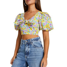 River Island Floral Print Puff Sleeve Crop Top, Yellow/Purple, Small/Size 4, NWT - £36.78 GBP