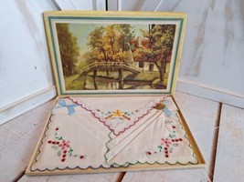 Vintage Cotton Swiss Scalloped Floral Ladies Handkerchiefs In Box 3pc Set - £10.22 GBP